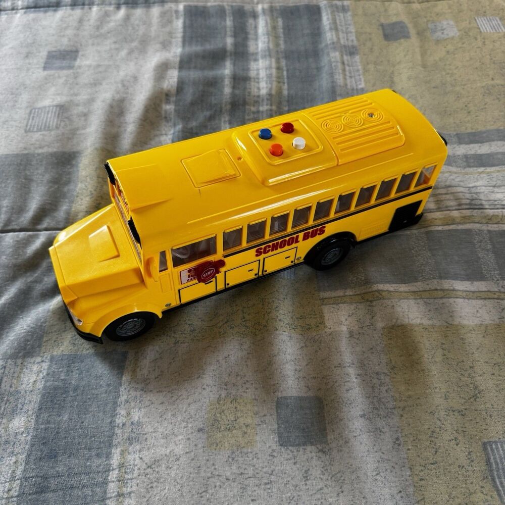 Yellow School Bus Toy Friction Powered 1/16 Scale Flashing Lights & Sounds